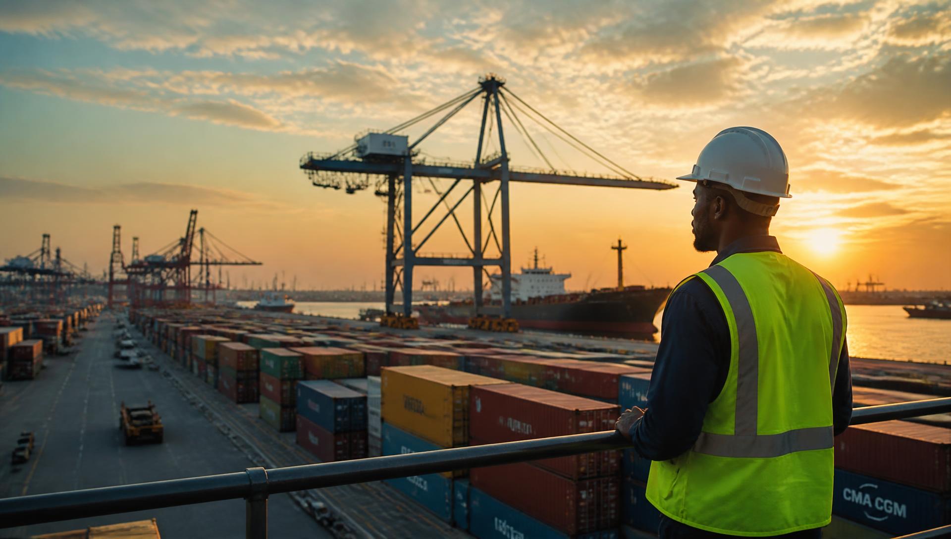 Container cranes and stacked freight at a modern African industrial port at sunrise